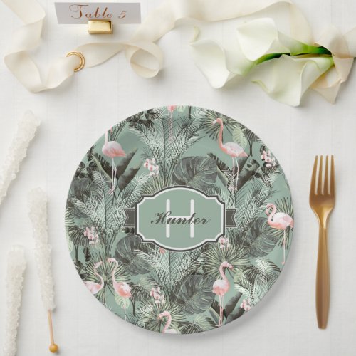 Flamingo Orchid Tropical Pattern Sage ID868 Paper Plates