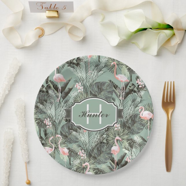 Flamingo Orchid Tropical Pattern Sage ID868 Paper Plates (Wedding)