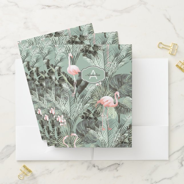 Flamingo Orchid Tropical Pattern Sage ID868 Pocket Folder (In Situ)