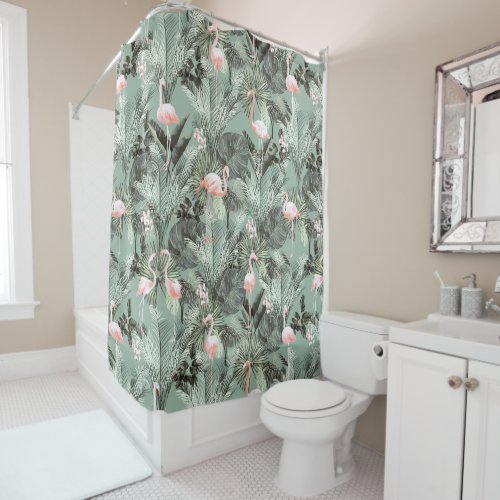 Flamingo Orchid Tropical Pattern Sage ID868 Shower Curtain