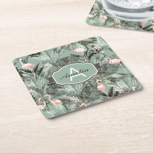 Flamingo Orchid Tropical Pattern Sage ID868 Square Paper Coaster