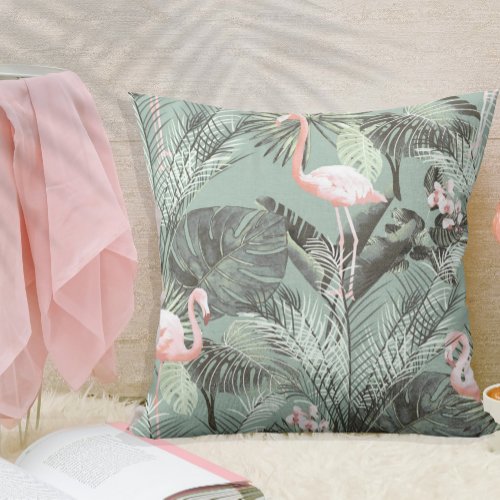 Flamingo Orchid Tropical Pattern Sage ID868 Throw Pillow