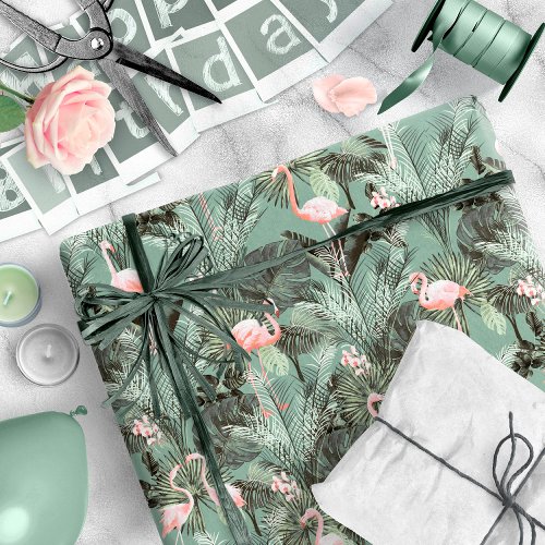 Flamingo Orchid Tropical Pattern Sage ID868 Wrapping Paper