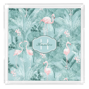 Flamingo Orchid Tropical Pattern Teal ID868 Acrylic Tray