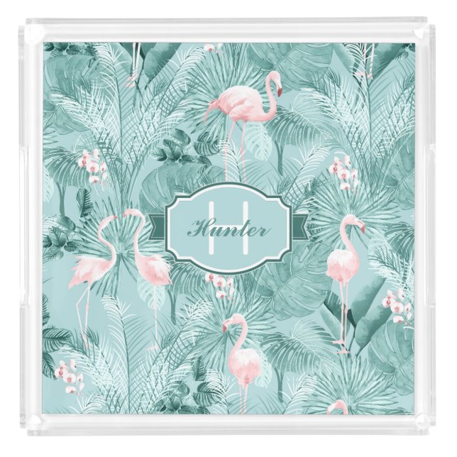 Flamingo Orchid Tropical Pattern Teal ID868 Acrylic Tray (Front)