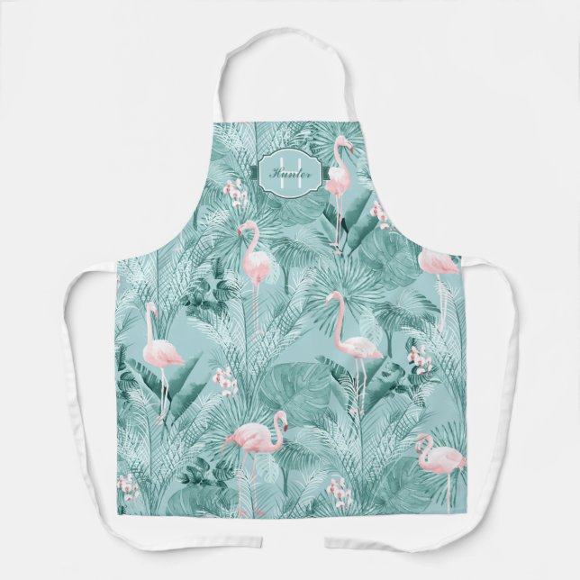 Flamingo Orchid Tropical Pattern Teal ID868 Apron (Front)