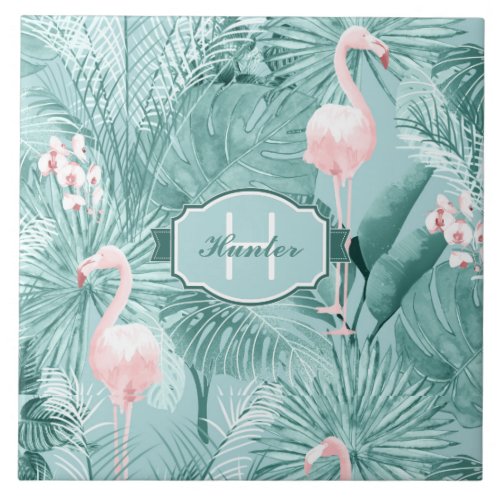 Flamingo Orchid Tropical Pattern Teal ID868 Ceramic Tile