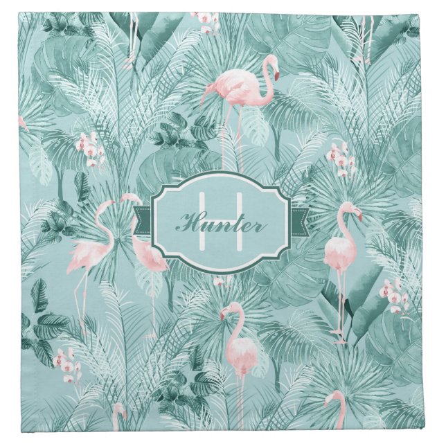 Flamingo Orchid Tropical Pattern Teal ID868 Cloth Napkin (Front)