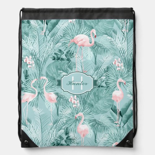 Flamingo Orchid Tropical Pattern Teal ID868 Drawstring Bag