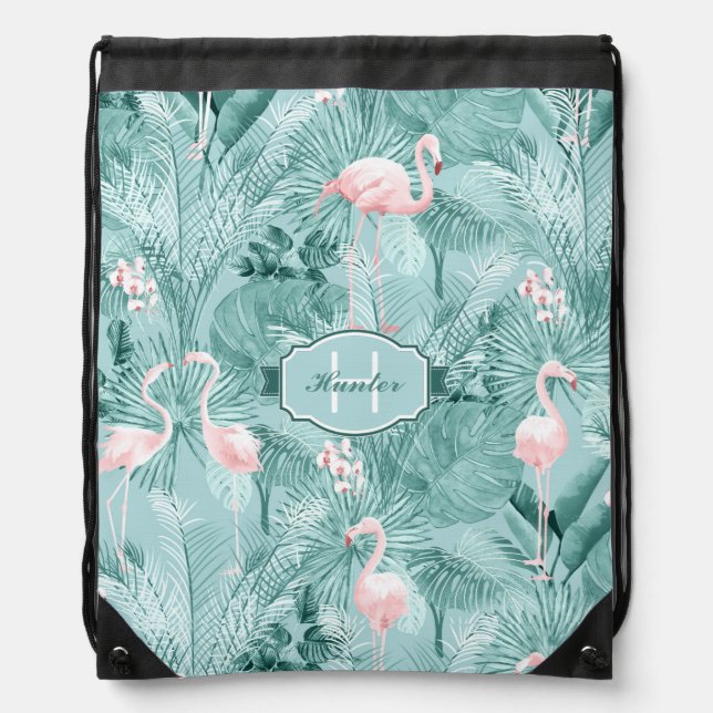 Flamingo Orchid Tropical Pattern Teal ID868 Drawstring Bag (Front)