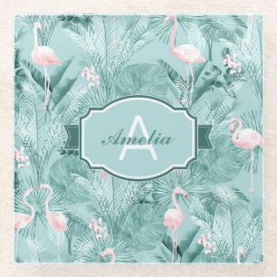 Flamingo Orchid Tropical Pattern Teal ID868 Glass Coaster