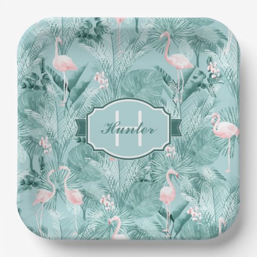 Flamingo Orchid Tropical Pattern Teal ID868 Paper Plates