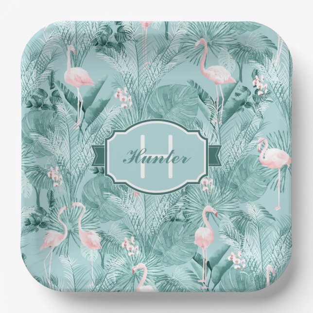 Flamingo Orchid Tropical Pattern Teal ID868 Paper Plates (Front)