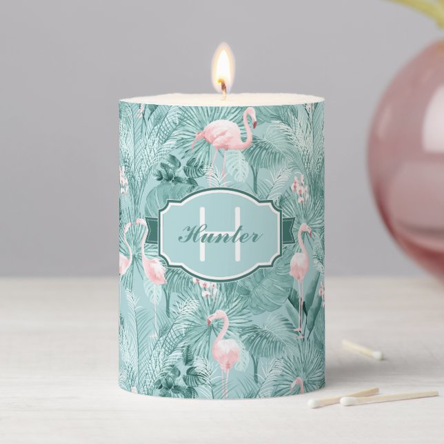 Flamingo Orchid Tropical Pattern Teal ID868 Pillar Candle (In Situ)