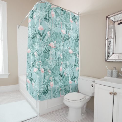 Flamingo Orchid Tropical Pattern Teal ID868 Shower Curtain