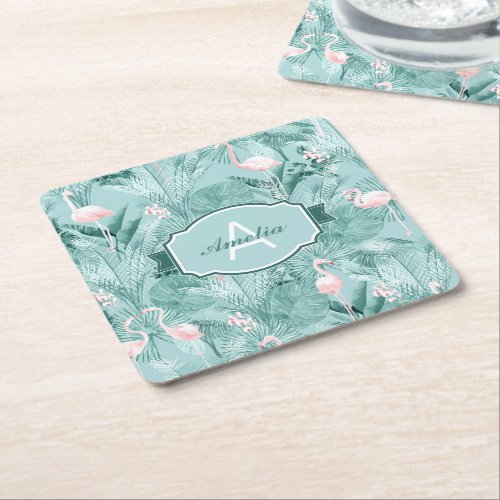 Flamingo Orchid Tropical Pattern Teal ID868 Square Paper Coaster