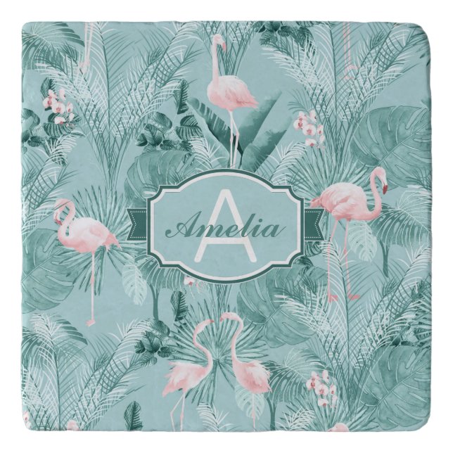 Flamingo Orchid Tropical Pattern Teal ID868 Trivet (Front)