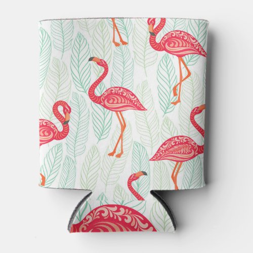 Flamingo Ornaments Leafy Vintage Pattern Can Cooler