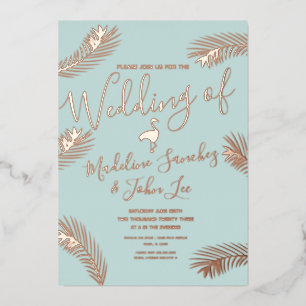 Flamingo Palm Leaf Foil Pressed Wedding Invitation