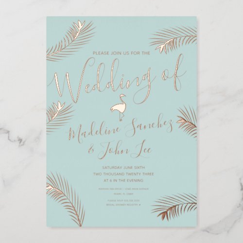 Flamingo Palm Leaf Foil Pressed Wedding Invitation