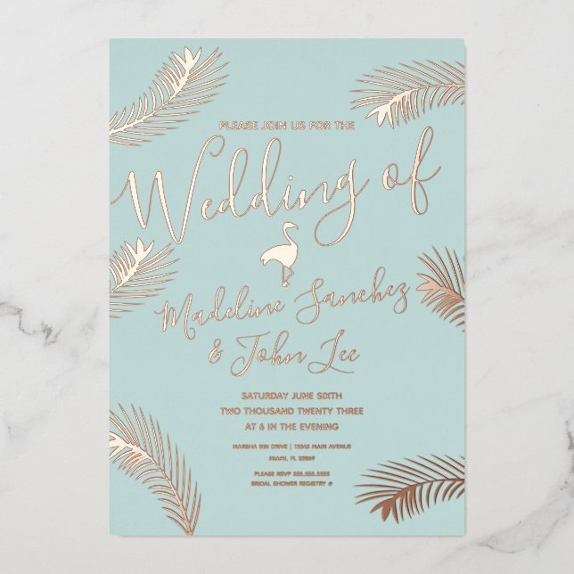 Flamingo Palm Leaf Foil Pressed Wedding Invitation (Front)
