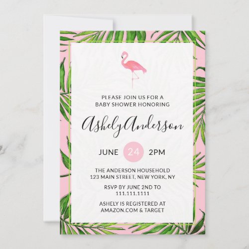 Flamingo Palm Leaves Baby Shower Invitation Card