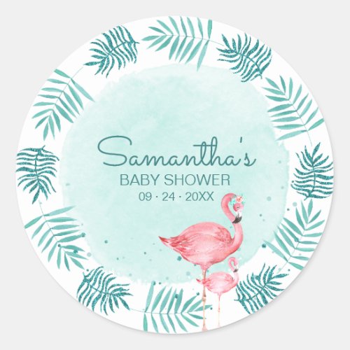 Flamingo  Palm Leaves Teal Watercolor Baby Shower Classic Round Sticker