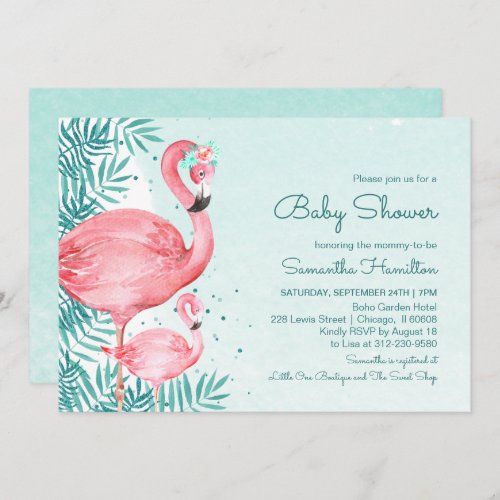 Flamingo  Palm Leaves Teal Watercolor Baby Shower Invitation