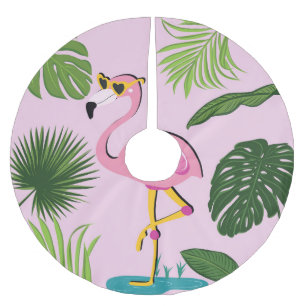 Flamingo Palm Leaves Tropical Design Brushed Polyester Tree Skirt