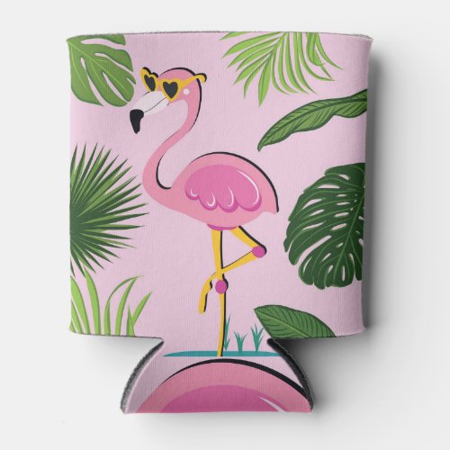 Flamingo Palm Leaves Tropical Design Can Cooler