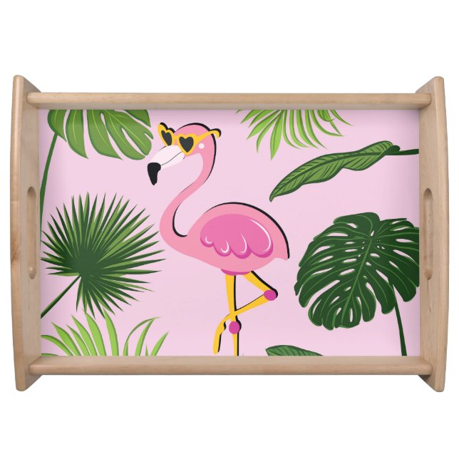 Flamingo Palm Leaves Tropical Design Serving Tray (Front)