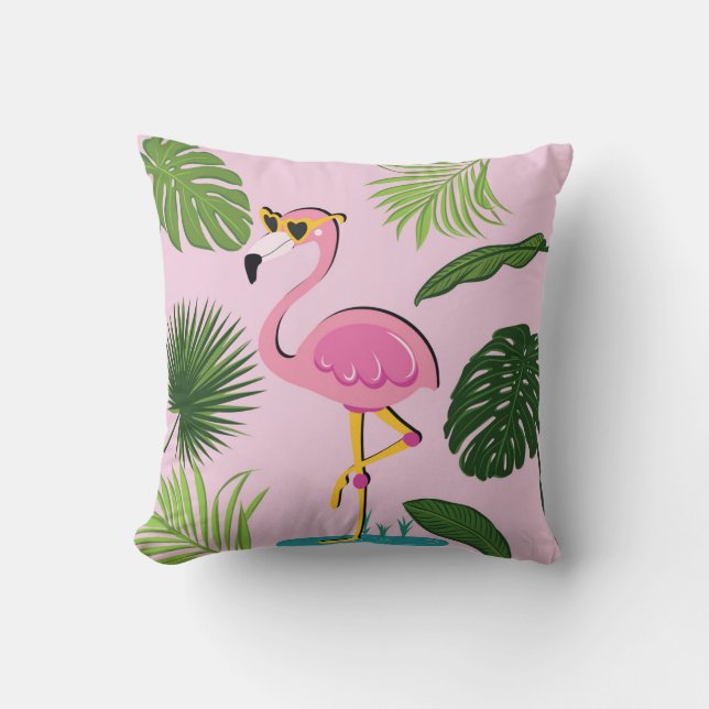 Flamingo Palm Leaves Tropical Design Throw Pillow (Front)
