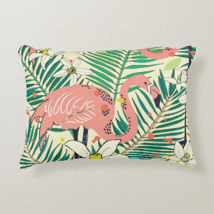 Flamingo Palm Leaves: Tropical Vintage Accent Pillow