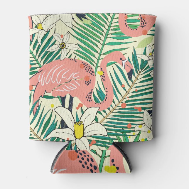 Flamingo Palm Leaves: Tropical Vintage Can Cooler (Front)