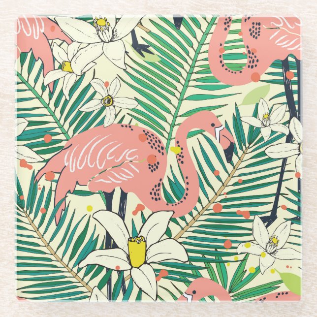 Flamingo Palm Leaves: Tropical Vintage Glass Coaster (Front)