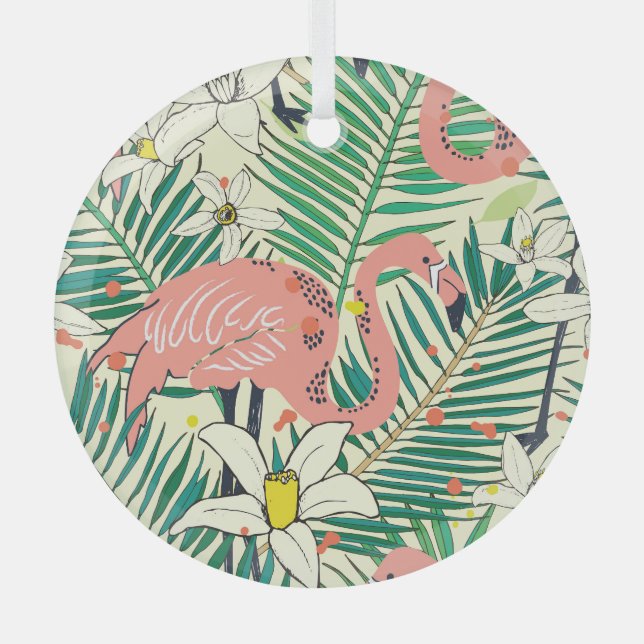 Flamingo Palm Leaves: Tropical Vintage Glass Ornament (Front)