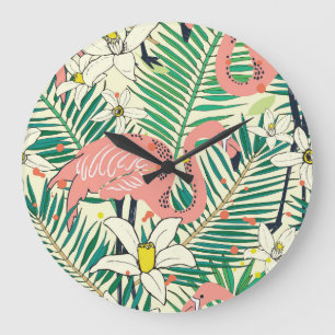 Flamingo Palm Leaves: Tropical Vintage Large Clock