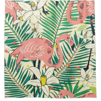 Flamingo Palm Leaves: Tropical Vintage Shower Curtain