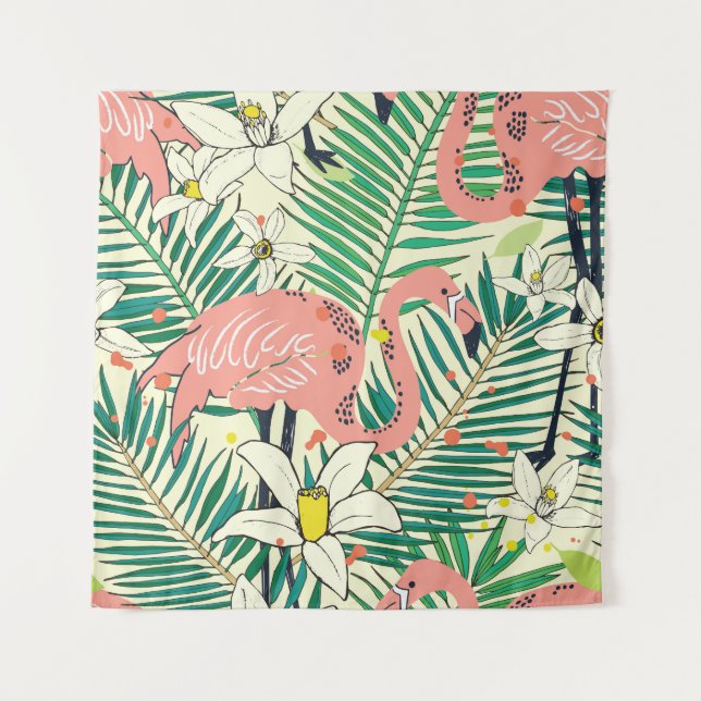 Flamingo Palm Leaves: Tropical Vintage Tapestry (Front)
