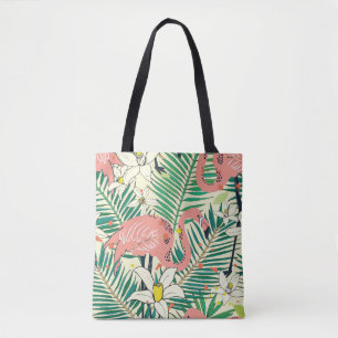 Flamingo Palm Leaves: Tropical Vintage Tote Bag