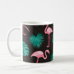 Flamingo, palm leaves: tropical watercolor. coffee mug