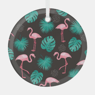 Flamingo, palm leaves: tropical watercolor. glass ornament