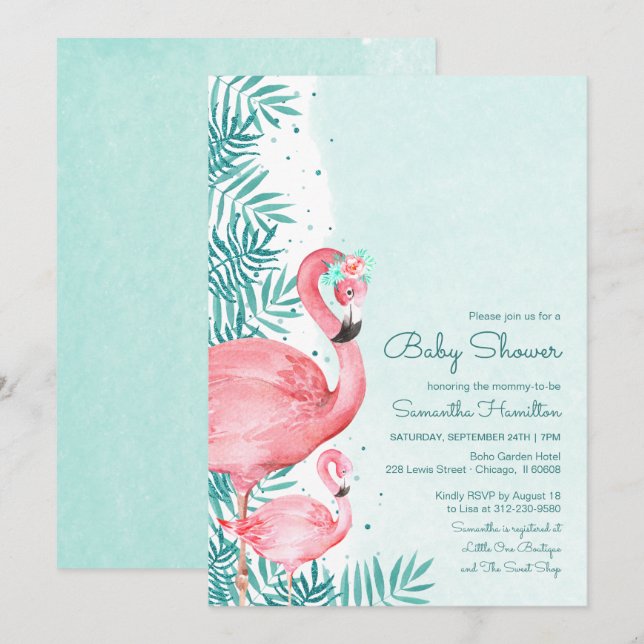 Flamingo & Palm Leaves Watercolor Baby Shower Invitation (Front/Back)