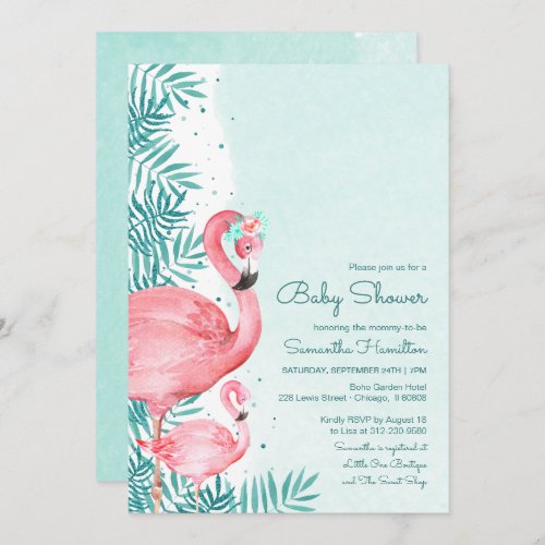 Flamingo  Palm Leaves Watercolor Baby Shower Invitation