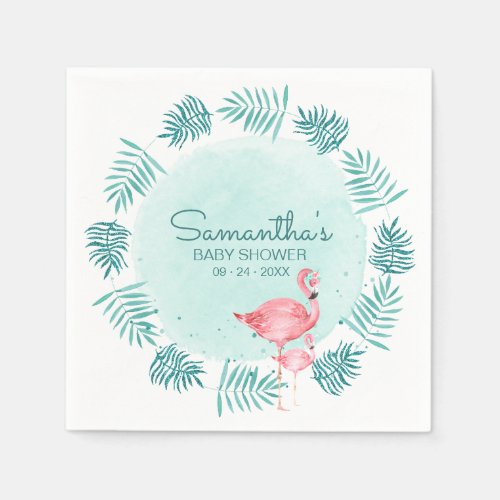 Flamingo  Palm Leaves Wreath Teal Baby Shower Napkins