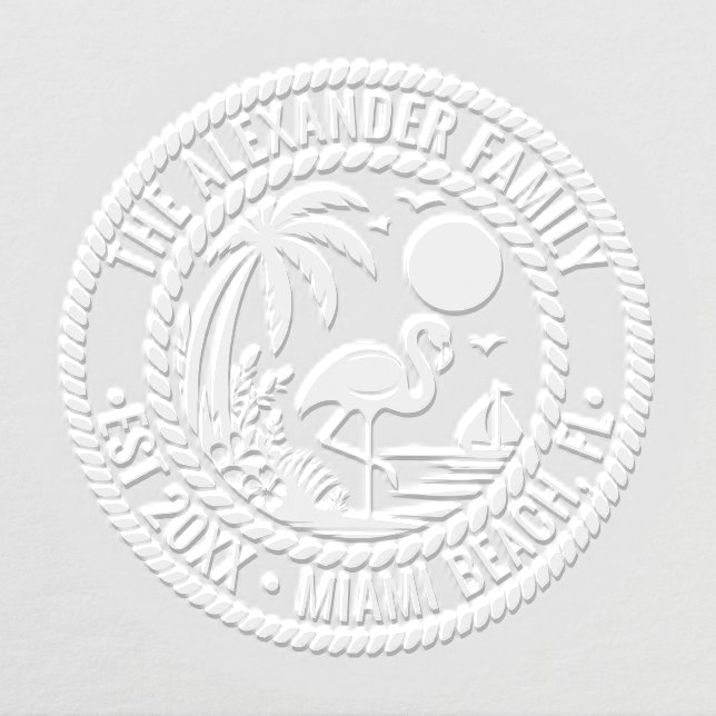 Flamingo Palm Tree Boat Family Name Date Est Loc Embosser (Design)