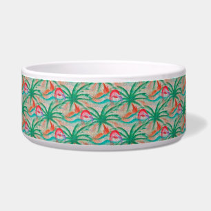 Flamingo Palm Tree Burlap Look Bowl