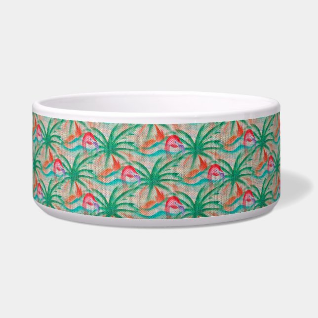 Flamingo Palm Tree Burlap Look Bowl (Front)