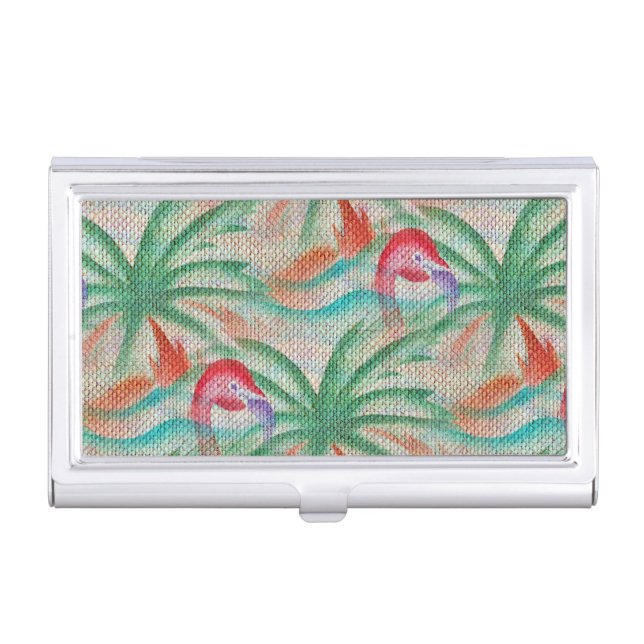 Flamingo Palm Tree Burlap Look Business Card Holder (Front)
