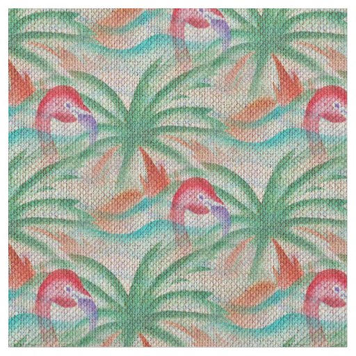 Flamingo Palm Tree Burlap Look Fabric